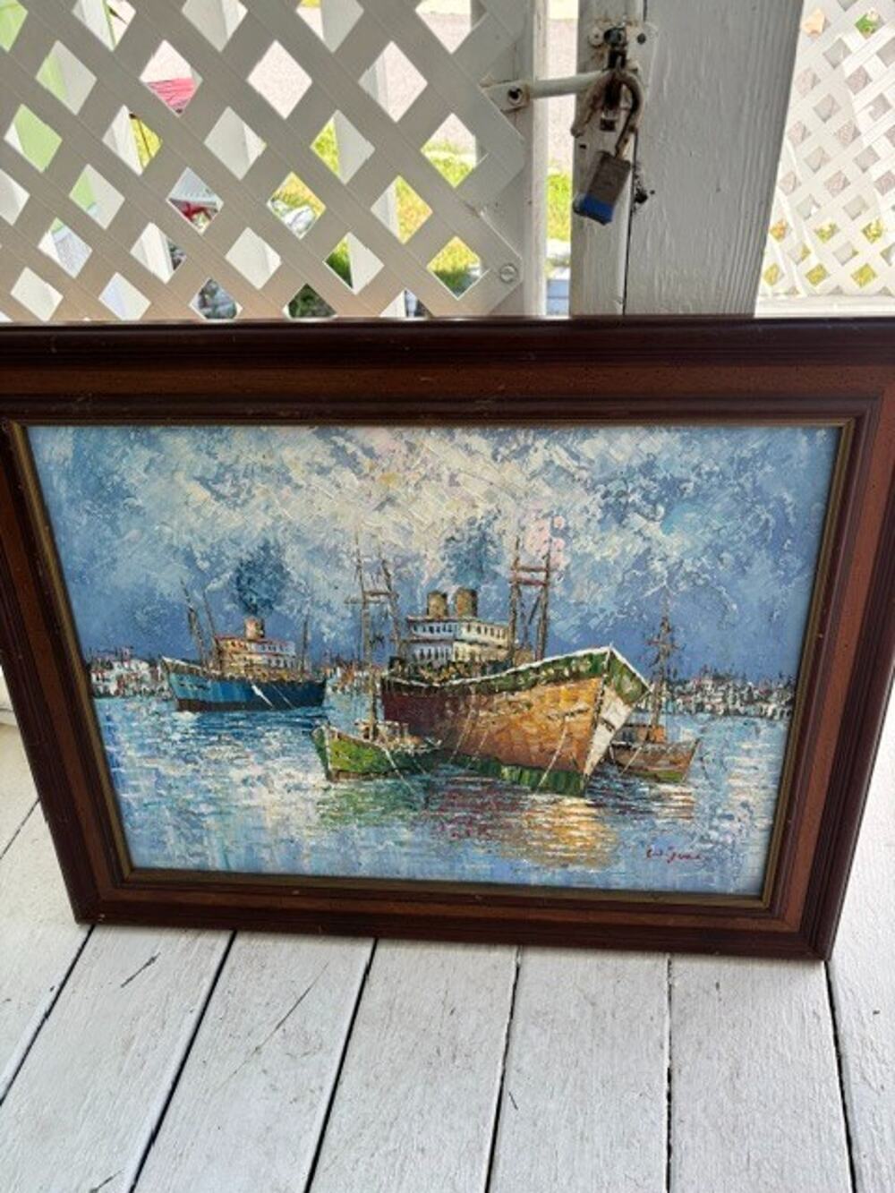 Vintage W Jones Signed Oil Painting Harbor Scene 29x23 Cargo Ships